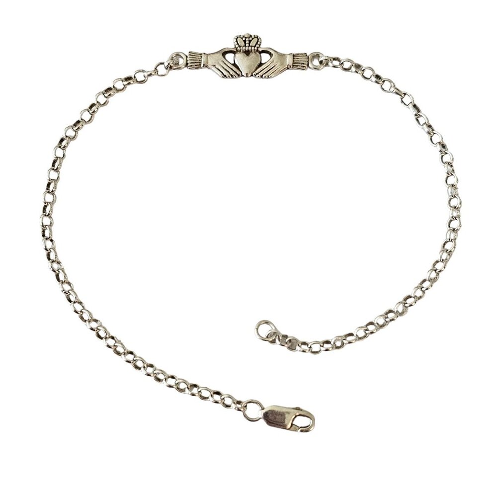 JMH Ireland Sterling Silver Claddagh Ankle Bracelet 10.5" Long, Signed L45